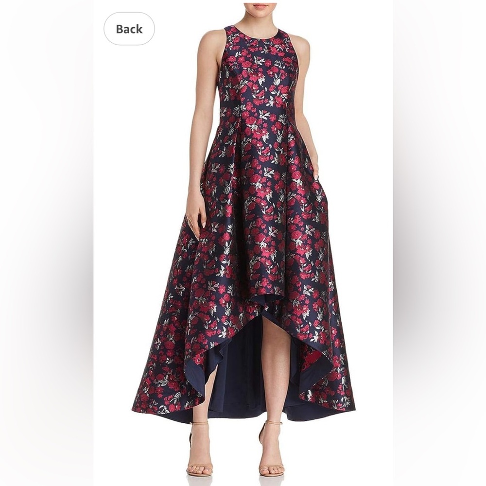 Aidan Mattox Navy and Burgundy Floral High-Low Jacquard Skirt